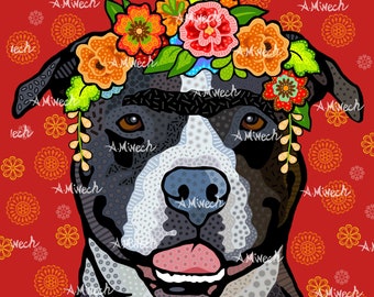 Pit Bull Frida Doglo Pop Art Print 8x8 on Red