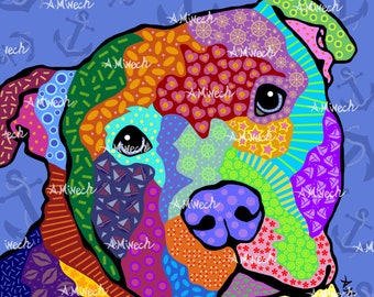 Pit Bull Pop Art Print 8x8 Dark Blue Background