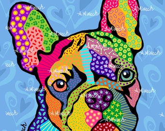 Boston Terrier French Bulldog Pop Art Print 8x8 Blue Hearts