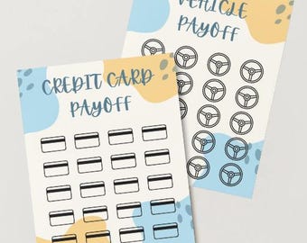 Könnte beinhalten: Zwei druckbare Finanz-Tracker. Einer mit dem Titel "Kreditkarten-Rückzahlung" mit Kreditkarten-Illustrationen. Der andere, "Fahrzeug-Rückzahlung", zeigt Lenkradsymbole. Beide haben blaue und gelbe Aquarell-Akzente.