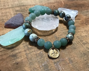 Green Matte Gemstone Bracelet, Fleur De Lis Bracelet, Paris Bracelet, Stacking Bracelet, Diffuser Bracelet