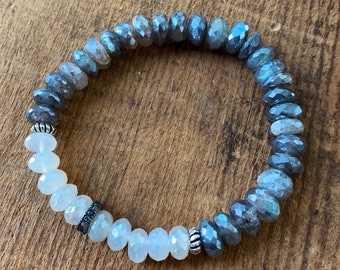 Labradorite and Moonstone Bracelet, Blue Diamond Pave Bracelet, Labradorite Bracelet, Boho Bracelet