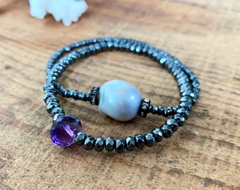 Amethyst Stacking Bracelet Set, Baroque Pearl Bracelet, Faceted Amethyst Bracelet, Boho Glam Bracelet, Gift For Her