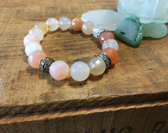 Pave Boho Glam Bracelet, Pave Wrist Candy, Faceted Candy Agate Bracelet, Peach Pave Bracelet, Faceted White Gemstone Bracelet, Boho