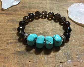 Turquoise Boho Bracelet, Boho Chic Gemstone Bracelet, Boho Glam Bracelet, Smoky Quartz Gemstone Bracelet, Bohemian Style