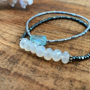 Moonstone and Aquamarine Bracelet Set, Skinny Stacking Bracelet Set, Protection Bracelet, Yoga Bracelet, Gift For Her