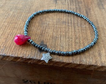 Ruby and Diamond Bracelet, Diamond Pave Bracelet, Skinny Stacking Bracelet, Boho Glam Bracelet, Boho Chic Bracelet