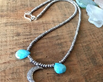 Diamond Sleeping Beauty Turquoise Necklace, Faceted Turquoise Pendant, Microfaceted Hematite Necklace, Diamond Pave Pendant, gift for her