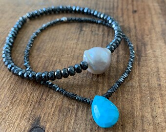 Turquoise Stacking Bracelet Set, Baroque Pearl Bracelet, Faceted Sleeping Beauty Turquoise Bracelet, Boho Glam Bracelet, Gift For Her