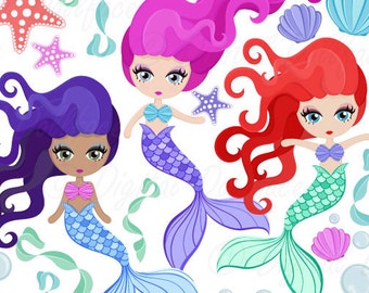 Cute Mermaid Clipart, Mermaid Party Printable, Scrapbook, Ocean Clip Art