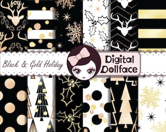 Black and Gold Christmas Digital Paper / Black and White, Rose Gold Christmas Scrapbook / Holiday Paper