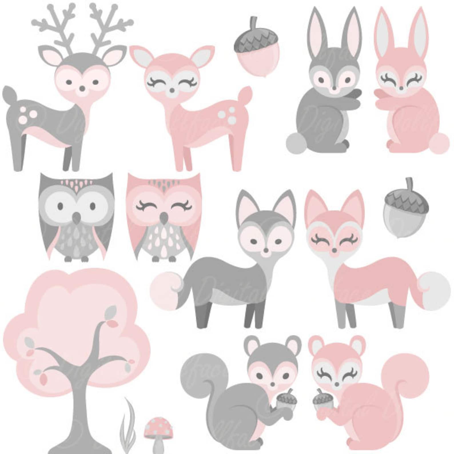 Baby Woodland Animal Clipart Girl Baby Clip Art Pink Bunny - Etsy