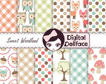 Woodland Animal Digital Paper, Owl & Fox, Forest Scrapbook Paper Pack