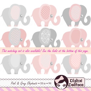 Pink and Grey Elephant Clip Art, Elephant Baby Shower Graphics, Nursery Clipart image 2