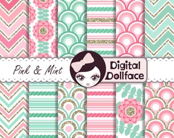 Pink and Mint Digital Paper Pack, Pink Mint and Gold Birthday Printables, Scrapbook Paper