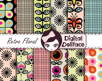 Retro Floral Digital Paper, Abstract Spring Floral Background Patterns, Geometric Flower Paper