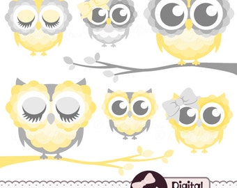 Nursery Owl Clip Art, Digital, Printable Grey and Yellow Owl Clipart Images