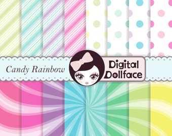 Digital Paper -Candy Stripes, Polka Dot, Rainbow -Scrapbook Paper Pack