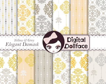 Yellow and Gray Digital Scrapbook Paper, Damask Pattern, Modern Decoupage Paper