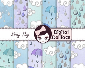 Rain Cloud Digital Paper, Rainy Day / April Showers, Digital paper Products: Blue, Purple, Green and Silver