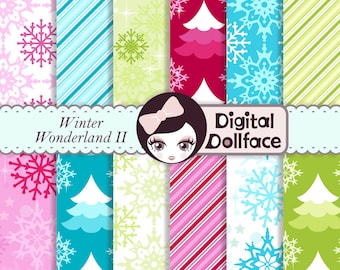 Bright Christmas Digital Paper, Winter Wonderland, Snowflake Scrapbook Paper
