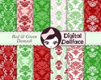 Red and Green Damask Digital Paper, Printable Gift Wrap, Christmas Background