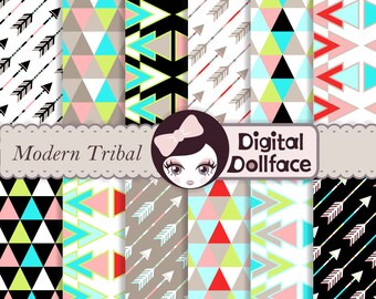 Modern Tribal Digital Paper, Arrows, Triangles, Neon Geometric, Aztec