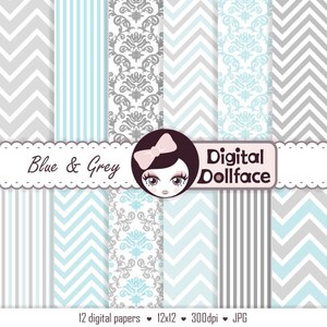 Blue and Grey Chevron Digital Paper, Nursery Digital Download, Baby Shower Decor image 1