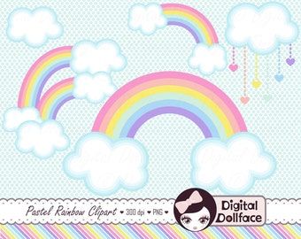 Pastel Rainbow Clip Art, Clouds Clipart, Spring Graphics Design, Digital