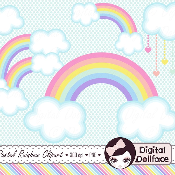 Pastel Rainbow Clip Art, Clouds Clipart, Spring Graphics Design, Digital