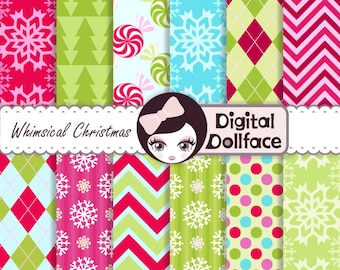 Whimsical Christmas Digital Paper, Colorful Christmas, xmas Snowflakes, Chevron