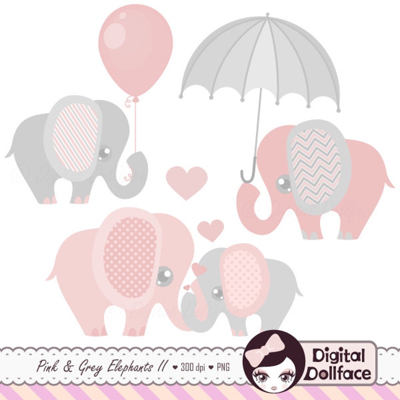 Pink and Grey Elephant Clip Art, Elephant Baby Shower Graphics, Nursery Clipart image 1