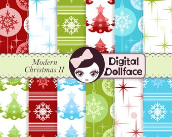 Christmas Digital Scrapbook Paper, Red, Green and Blue Backgrounds, Retro