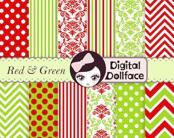 Christmas Digital Paper, Scrapbook Paper, Chevron, Damask, Polka Dots & Stripe