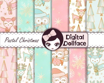 Pastel Christmas Digital Paper: Christmas Deer & Owl Patterns / Woodland Christmas, Holiday Digital Paper