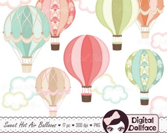Digital Hot Air Balloon Clipart, Hot Air Balloon Party Printable, Clip Art, Graphic Image