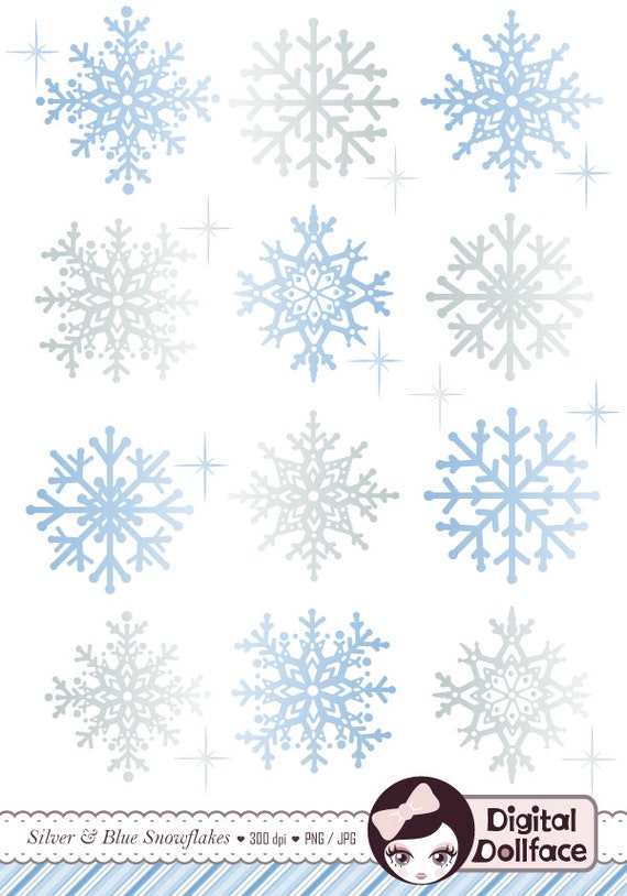 Silver Snowflake Clip Art, Digital Winter Graphics, Christmas Clipart Il_570xn