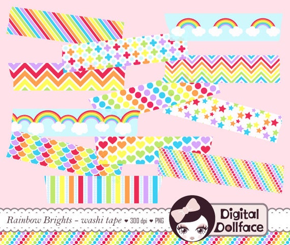 Rainbow Washi Tape Clipart, Digital Clip Art, Pattern Tape, heart, star, stripe Il_570xn