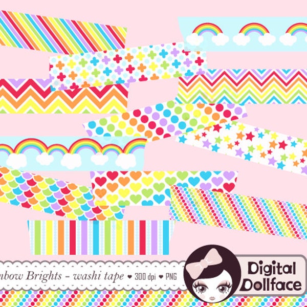 Regenbogen Washi Tape Clipart, digitale ClipArt Muster Tape, Herzen, Sterne, Streifen