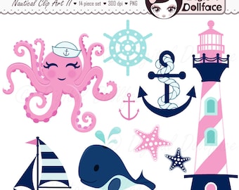 Pink Nautical Clip Art, Girl, Whale, Octopus, Starfish, Anchor Clipart, Graphics