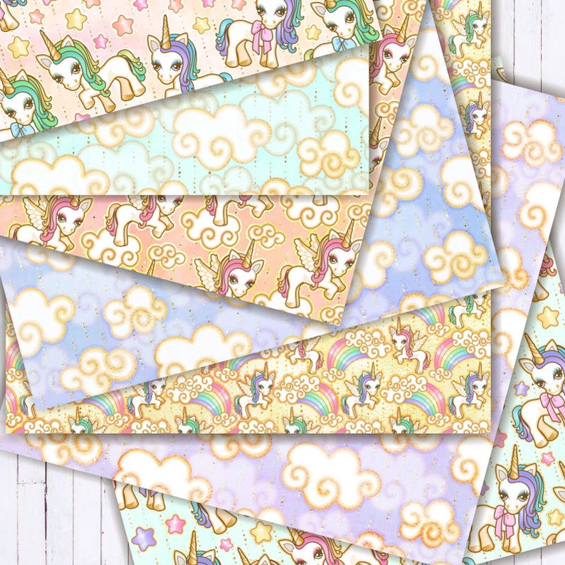 Digital Printable Scrapbook Paper Unicorn Background Cute Kawaii Paper