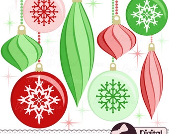 Christmas Ornament Clip Art, Digital Images, Holiday Clipart, Red and Green Graphics