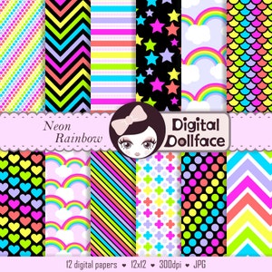 Bright Neon Rainbow Digital Paper, Scrapbook Paper Pack, instant download image 1