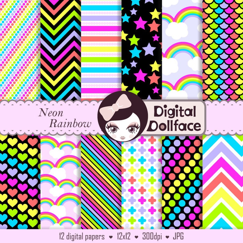 Bright Neon Rainbow Digital Paper, Scrapbook Paper Pack, instant download image 1