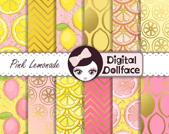 Pink Lemonade Digital Paper, "Pink Lemonade Party" pink, lemon yellow and gold printable patterns