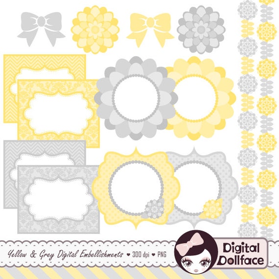 Yellow and Gray Flower Frames & Borders Clipart, Digital Embellishments
