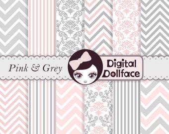 Pink and Grey Digital Paper, Chevron & Damask, Baby Girl Scrapbook Paper