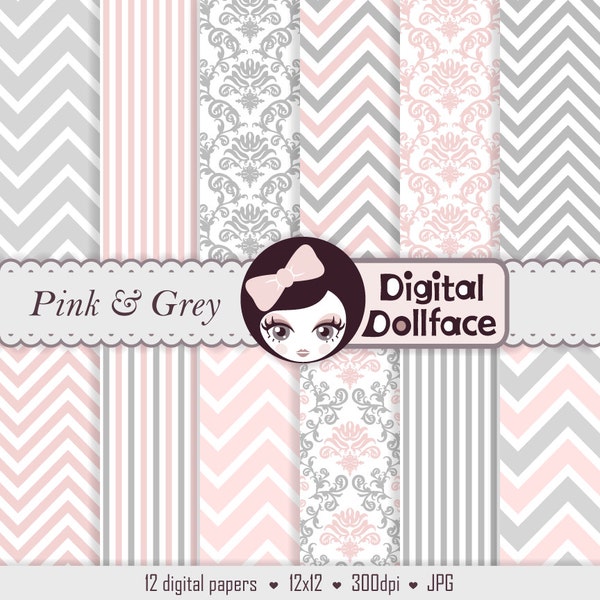 Pink and Grey Digital Paper, Chevron & Damask, Baby Girl Scrapbook Paper