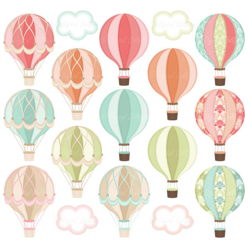 Digital Hot Air Balloon Clipart, Hot Air Balloon Party Printable, Clip Art, Graphic Image image 2
