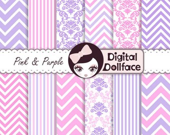 Pink and Purple Birthday Digital Paper Kit, Kids Scrapbook Damask, Printable Chevron Pattern